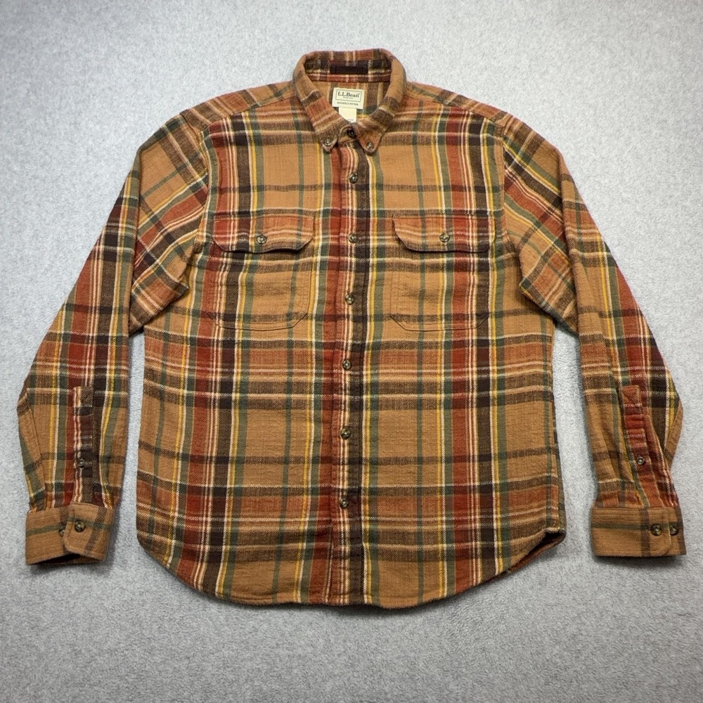 LL Bean 1912 Field Flannel Shirt Mens Medium Brown Plaid Outdoor Casual Trail